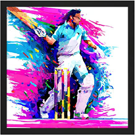 Artery8 Sports Cricket Colourful Pink Blue Batsman Watercolour Oil Painting Square Wooden Framed Wall Art Print Picture 16X16 Inch