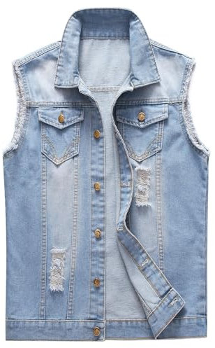 KUDORO Mens Denim Gilet Casual Jeans Vest Ripped Cowboy Waistcoat Metal Buttons Sleeveless Vest Jacket