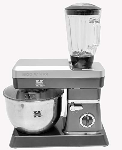 Herzberg, HG5065-GRAY, Robot Petrin Multifonction, Blender en Verre 1.7L, Puissance 1800 W max, Réglage de 6 Vitesses, Capacité du Bol 6.5L, Inox, Couleur Gris