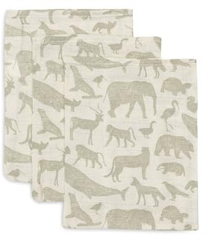 Jollein 536-848-67043 Lot de 3 Gants de Toilette Motif Animaux Olive 15 x 20 cm