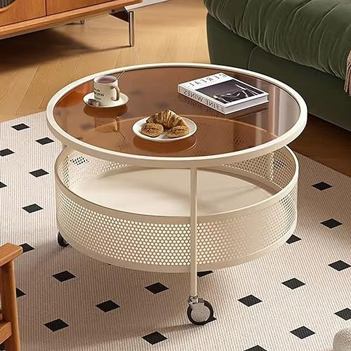 Table Basse En Verre avec Roulettes, Table À Thé Ronde À 2 Niveaux avec Panier de Rangement Creux En Fer, Table Centrale de Canapé Moderne pour La Maison et Le Bureau, Table de Cocktail D'appoint ( Co