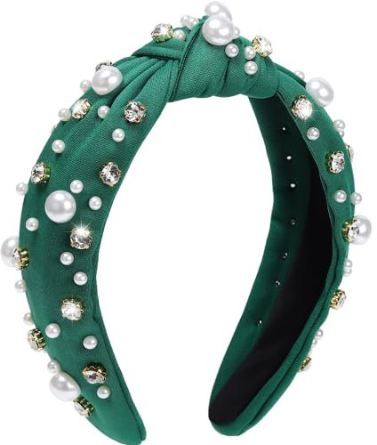 WantGor Pearl Knotted Headband, Women Rhinestone Embellished Hairband Elegant Wide Top Knot Bride Headbands Headpieces Party Fashion Elegant Ladies Hair Band Hair Hoop Accessories (Green)