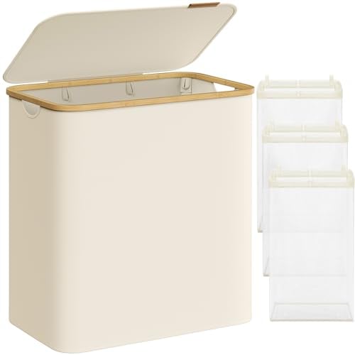 SONGMICS Pfandflaschen Sammelbehälter,Wäschekorb mit Deckel, Wäschesammler mit 3 Fächern, 150 L, herausnehmbarer Wäschesack, Griffe aus Bambus, 60 x 38,5 x 70,5 cm, cremeweiß LCB515W01