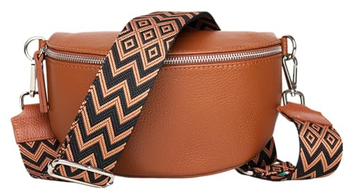 MIRROSI® Bauchtasche Damen, Echtleder, Made in Italy, Umhängetasche, Brusttasche, Crossbody Bag (1 Tasche & 2 Gurte) (Kleine Tasche (22x13x6cm), Cognac (Bohemian Braun Black))