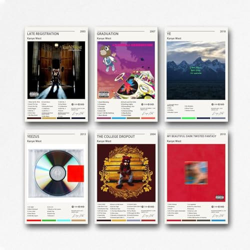 TANZEM 6 Stück Kanye West Albumcover-Musikposter, Poster, dekorative Malerei, Leinwand, Wandposter und Kunstdruck, moderne Familienschlafzimmer-Dekoration, Poster, 20 x 30 cm