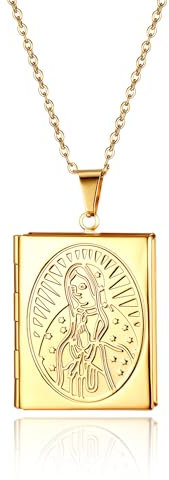 Cupimatch Vintage Gold Quadratischer Jungfrau Maria Medaillon zum Öffnen: Damen & Mädchen Amulett Halskette mit 45cm Kette