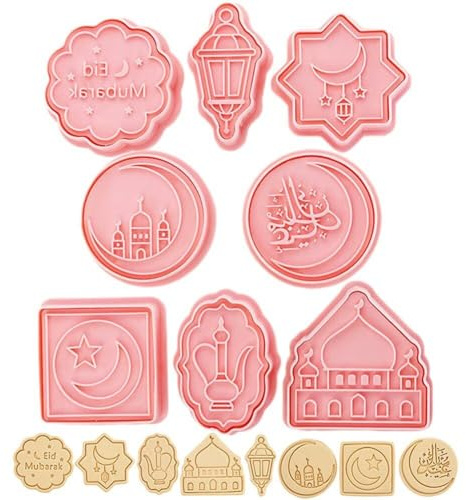 Fopytu Eid Mubarak Cookie Mold 8pcs Ramadan Kareem Cookie Cutter Plastic Islam Muslim Diy Cake Baking Tool Dessert Supplies