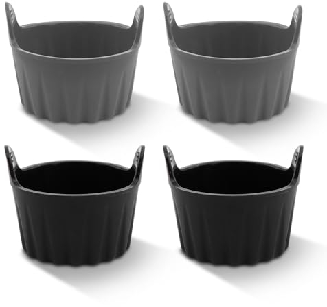 Pack of 4 Ramekins for Air Fryer Reusable Silicone Air Fryer Egg Mould in to Dishwasher Tower Air Fryer Accessories for Cooking and Baking (2 Black + 2 Gray)