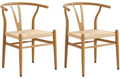 GrandCA HOME 2er-Set Esszimmerstühle,Gewebte Küchenstühle mit Rattan-Sitzkissen und Metallbeinen,Vintage-Stühle für Küche und Esszimmer, Eiche