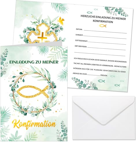 HOWAF 12 Einladungskarten Konfirmation mit Umschlag, Einladung Konfirmation Einladungskarten Fisch Konfirmation Karte, Einladungen zur Konfirmation Jungen Mädchen Firmung Konfirmation Deko