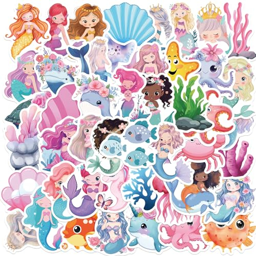 50 Stück Meerjungfrau Aufkleber Auto Laptop Telefon Gitarre Skateboard Motorrad Fahrrad Mermaid Stickers Set Vinyl Wasserdicht Aesthetic Aufkleber für Jugendliche Kinder Erwachsene