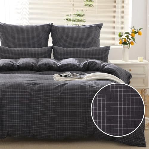 SOULFUL Bettwäsche 135x200 Baumwolle Kariert, 100% Gewaschene Baumwolle Bettwäsche-Sets Grau mit Reißverschluss öKotex Zertifiziert Enthält 1 Bettbezug 135x200 und 1 Kissenbezüge 80x80