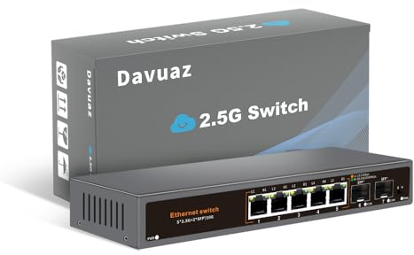 Davuaz Commutateur Ethernet 2.5G Non administré avec 5 Ports 2.5G Base-T et 2 Ports Uplink 10G SFP, Compatible avec 100/1000/2500Mbps, Design sans Ventilateur, Commutateur réseau 2.5Gb en métal