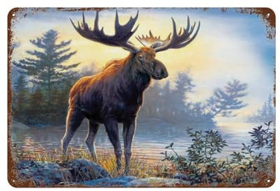 PGCKSK Elch Hirsch Dschungel See Tiere,Blechschild, Vintage, Metall, Pub, Club, Café, Bar, Zuhause, Wanddekoration, Poster, Retro-15 x 30 cm （6 x12 Zoll） D-84