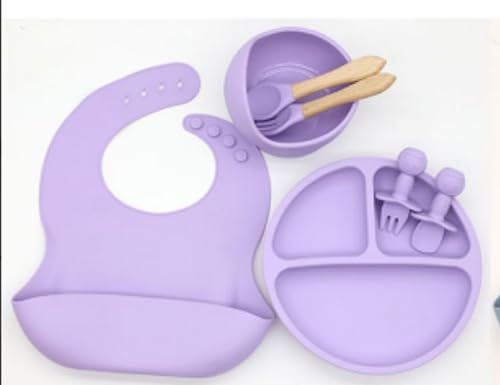 Conjunto de mesa para bebé. Babero de silicona, plato y bol de bambú natural, antibacterias con ventosa, cuchara y tenedor de silicona suave y blanda con mango de bambú. Caja de regalo. (Lila)