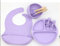 Coffret repas bebe en Bambou Naturel et Silicone Sans BPA - Vaisselle bebe - Bol et Assiette Bambou Antibactérien avec ventouse, Bavoir, Fourchette, Cuillère et Tasse en Silicone. Lilas