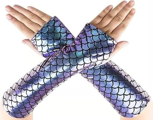 Fingerlose Handschuhe Meerjungfrau Damen, Glänzend Fischschuppen Gedruckt Lange Handschuhe, Mädchen Halb Fingerlose Arm Ärmel für Bühne Leistung Fasching Partei Kostüm Zubehör (Fantasiefarbe, 1)