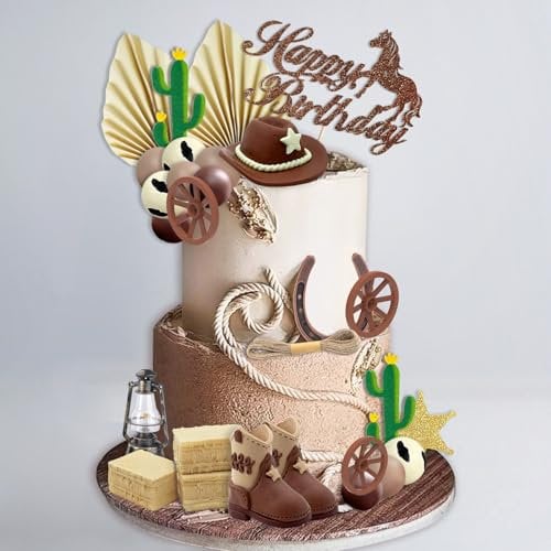 UFROMSKY 44pcs Cowboy Cake Topper Western Hat and Boot Cupcake Toppers with Balls Cactus and Horseshoe Decorations for Cowboy Theme Birthday Party Baby Shower Supplies