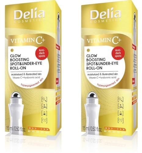 Delia Cosmetics - Roll On Eye Roll On mit Vitamin C - Ein strahlendes, mit Feuchtigkeit versorgtes, jüngeres Aussehen - Alle Hauttypen - Hyaluronsäure & Vitamin C - Anti Aging - 15ml (Packung mit 2)