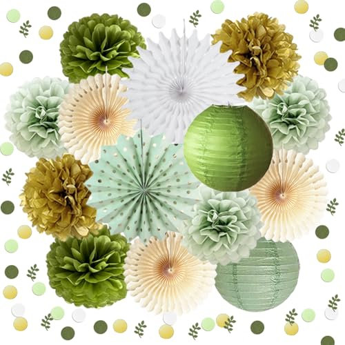 Party Deko Olivgrün Gold Tischdeko Geburtstag Seidenpapier Pom Poms Papierfächer Papierlaterne Grün Gold Konfetti für Mann Frau Mädchen Junge Geburtstag Babyparty Hochzeit Party Deko
