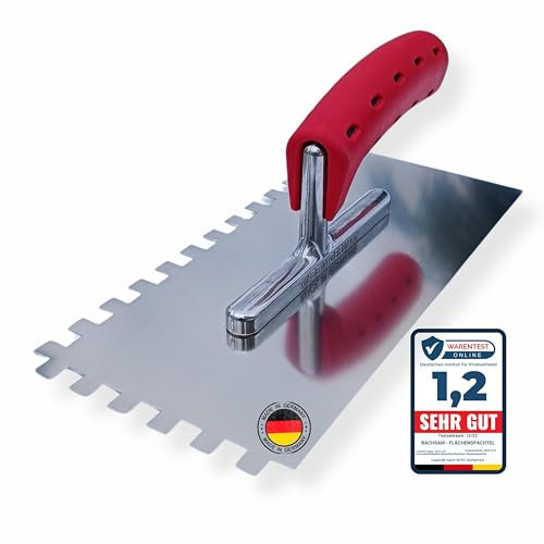 BACHSAM® Made in Germany Hochwertige Zahnglättekelle Edelstahl Zahnkelle 10mm,Glättekelle gezahnt 280mmx130mm mit Softgriff zum Auftragen von Spachtelmaße und Fliesenkleber (Zahnkelle 10mm)