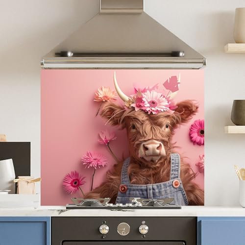 Toughened 6mm Glass Kitchen Splashback 90 x 75cm Pink Floral Cow - Polished Edge Heat Resistant Back Splash for Cookers Hob