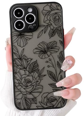 NITITOP Compatible with iPhone 13 Pro Max Case Cute Aesthetic Floral Flower Vintage Rose Black Pattern Matte Clear Women Girl Full Camera Lens Slim Hard PC Shockproof Pritective Cover - Black