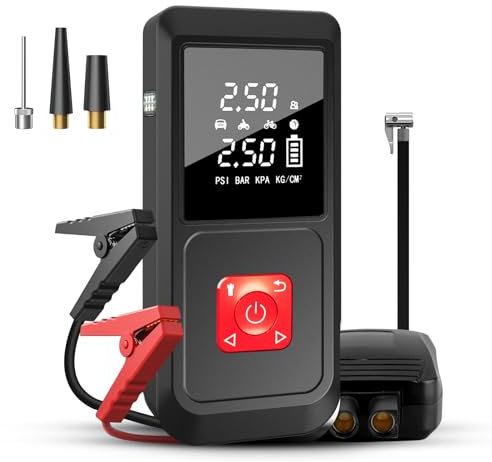 AWESAFE Compresor Aire Portátil & Arrancador de Baterías de Coche 12V (Gasolina o Diésel) & Power Bank 3 en 1, Inflador Eléctrico 10000mAh con Arranque de Emergencia, con Pantalla LCD y Carga Rápida