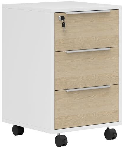 HOMCOM Cassettiera per ufficio su ruote 3 cassetti con serratura e 2 chiavi per sala studio 40x40x63,5 cm Bianco e rovere