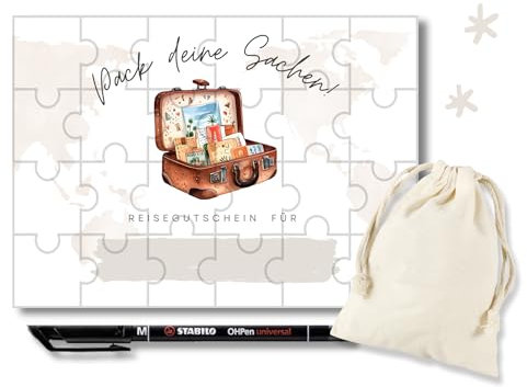 Reisegutschein Puzzle Karte, Personalisierbarer Geschenkgutschein Kurzurlaub Städtetrip zum selberausfüllen mit Stift Säckchen für Mann Frau zum Geburtstag Jahrestag Hochzeitstag Weihnachten