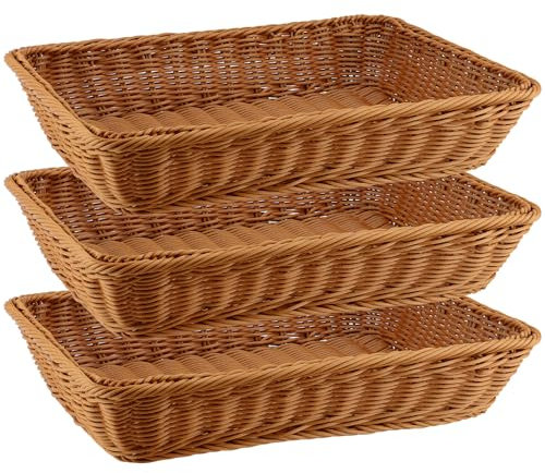 CHUIFAI 3 Stück Poly Weidenkorb Rechteckig, 40 x 30 x 8 cm Rattan Brotkorb Geflochten Brötchenkorb, Rattan Servierkorb für Küche
