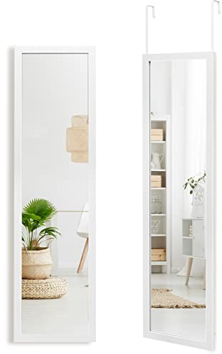 GYMAX Specchio da Parete a Figura, 119 x 33 cm, con Ganci Antiruggine e Adesivi, Specchio Verticale da Porta Antinfortunistico per Camera da Letto Soggiorno Spogliatoio (Bianco)