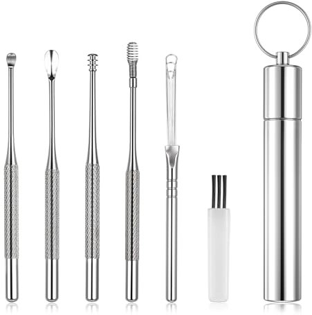 AOZUO Lot de 6 cure oreilles en acier inoxydable de qualité supérieure set, outil de nettoyage du cérumen en acier inoxydable, outils d'élimination de la curette de cérumen pour hommes et femmes