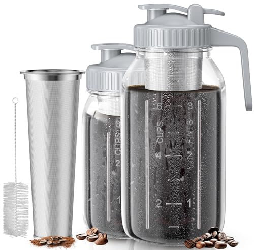 AHOMSEL Kaltgebrühter Kaffeebereiter, Glas, mit Griff und Edelstahlfilter, robust, auslaufsicher, für Sonne und Eistee, Krug mit Griff, 2 Stück