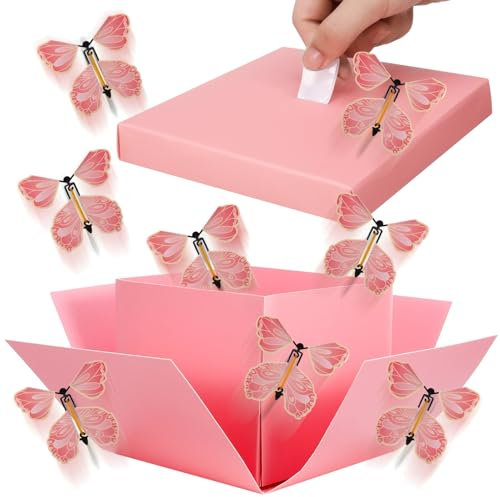 Halinuia Schmetterling Explosion Geschenkbox Fliegende Schmetterlinge überraschungsbox 14,2x14,2x12,4 CM Surprise Box Rose Geschenkverpackung Geburtstag Bastelset für Valentinstag Weihnacht Muttertag