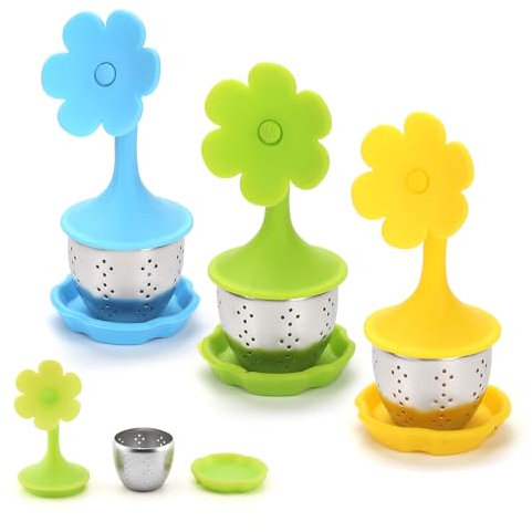 FEMONGY infuseur thé 3 pièces boule a the infuseur, boule à thé, filtre à thé, filtres à thé, poignée en Silicone, égouttoir à Tamis en Acier Inoxydable Inclus, infuseur à thé pour Tisane(fleur)