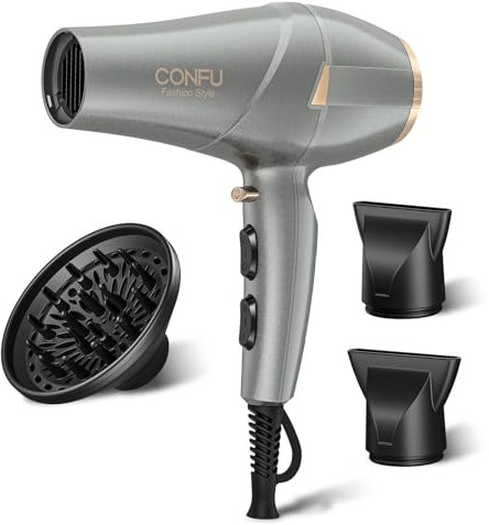 CONFU 2300W Profi Föhn Ionen Technologie Salon Fön Haartrockner mit Diffusor StylingDüse, 2 Geschwindigkeit und 3 Heizstufen (Grau)
