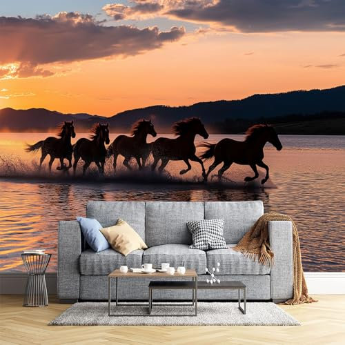 JEDTAKCT Fototapete Laufen Pferde 3D Effekt Sonnenuntergang Am See 350X256Cm - Für Schlafzimmer Wohnzimmer Flur Seide Tapete Wandtapete Bildtapete Motivtapeten