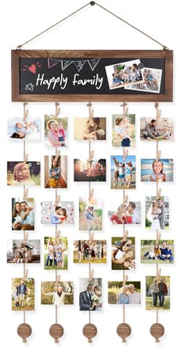 VINCOURNA Pele Mele Photo Mural, Cadre Photo Pele Mele Avec Tableau à Messages Et 30 Pinces à Photos, Cadre Photo Postale Bois, Accroche Photo Mural Pince, Accroche Photos Pour Exposition De Mémoire