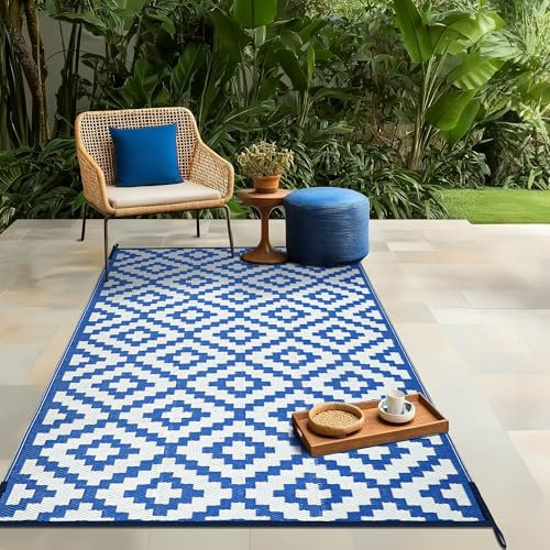 Green Decore Reversible Recycled Plastic Camping and Picnic Rugs | Perfect for Garden, Patio, Picnic, Decking | Stain And Water Resistant | Bliss Regatta Blue/White 120 x 180 cm