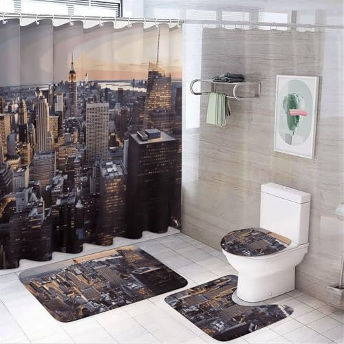 NKJJSTES Ensemble de rideau de douche avec rideau de douche, tapis et tapis antidérapant en forme de U pour abattant de WC New York City