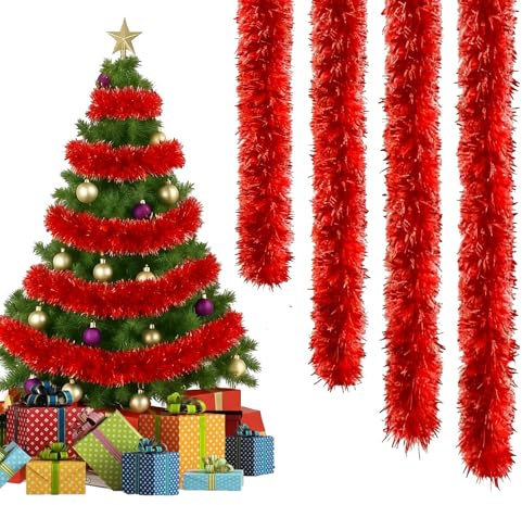DEXYZZY 4 Stück 2M Lametta Girlande, Weihnachtsdeko Girlande, Lametta Baumschmuck, Weihnachten Lamettav für Weihnachtsbaum Kranz Hochzeit Party, für Party Hängende Decke Dekorationen, Rot