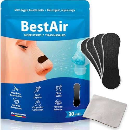 Cerotti nasali antirussamento BESTAIR – Dilatatori nasali e cerotti per dormire e fare sport – Riducono il russare, alleviano la congestione e migliorano la respirazione – 30 cerotti extra forti