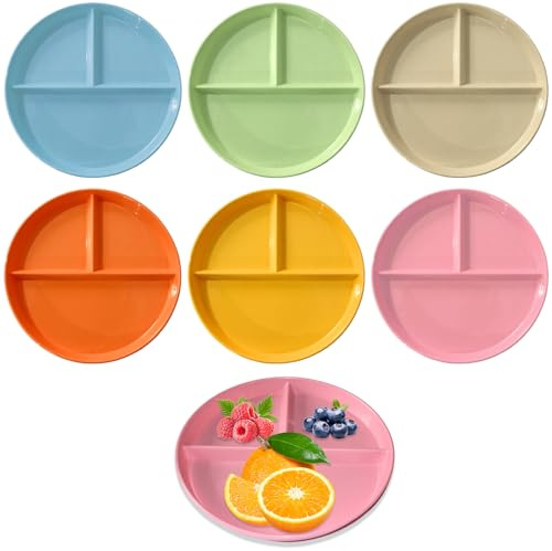 LXBCTOP 6 Pcs Divided Dinner Plates Sets, 8.86in Portion Control Plate, Reusable Divided Plate Set, Dinner Plate, Portion Control Plates for Adults, Kids Plastic Plates ﻿