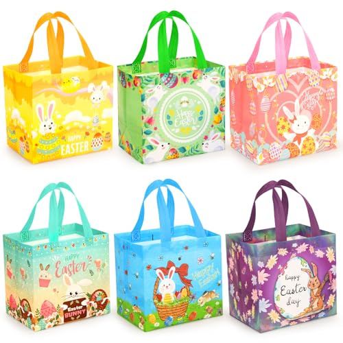 AhfuLife 6 Stück Ostern Geschenktüten, 21 x 20 x 15cm Wiederverwendbare 6 Design Ostertüten mit Hasen Ostereiern Henne, Ostern Geschenktüte für Kinder Geschenk Eiersuche Oster Deko