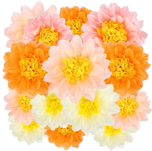 BestoFun 14er Set Papierblumen Orange Rosa Seidenpapier Pompons Deko Beige Tissue Papier Pom Poms Blumen Hängende Papier Girlande Dekoration für Hochzeit Gartenparty Tischdeko Geburtstag Party Deko