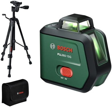 Bosch Linienlaser PLL360-15G, im Karton | horiz. und vert. grüne 360°-Laserlinien, IP54, 3,6V-Li-Ionen-Akku, Laden über USB-C®, Tasche, Handbuch, Stativ TT 120