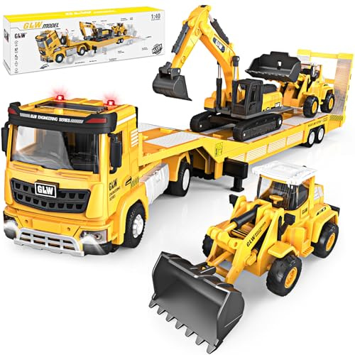 Spielzeug ab 3 Jahren Junge: Kinderspielzeug LKW mit Bagger, Bulldozer, Langen Baustellenfahrzeugen Autotransporter Lastwagen mit Licht und Sound, Kindergeschenke für Jungen ab 3 4 5 6 7 Jahren