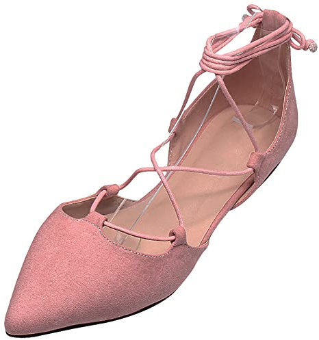Jamron Women Soft Faux Suede Flat Pointed Toe Pumps Fancy Cross Lace Up Ballerinas Shoes Pink SN02323 UK7.5
