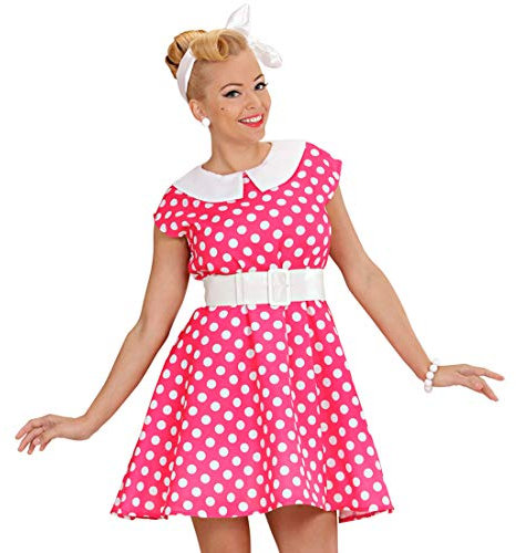 Amakando Gepunktetes Rockabilly-Kleid im Retro Look/Rosa-Weiß M (38/40) / Rock n Roll Damen-Kostüm der Fünfziger & Sechziger Jahre/Perfekt geeignet zu Mottoparty & Kostümfest